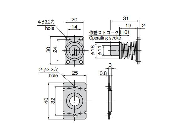 C-71 dimensional drawing (mm) · Main body material: polyacetal (POM) · Bracket: stainless-steel plate (SUS304) · Holding force: 78 N