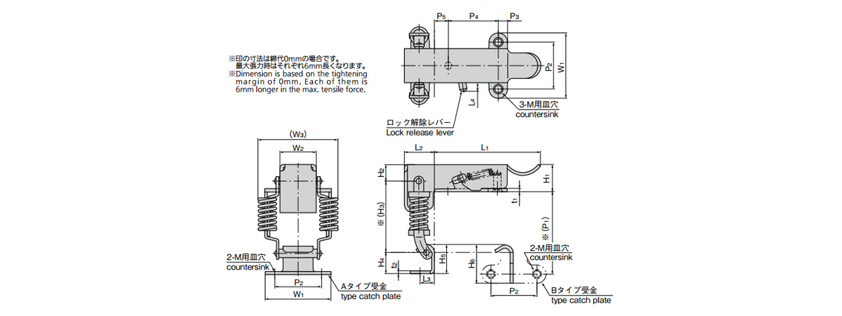 Dimensional drawing (At 0‑mm tightening. At maximum tightening both become 6‑mm longer.)