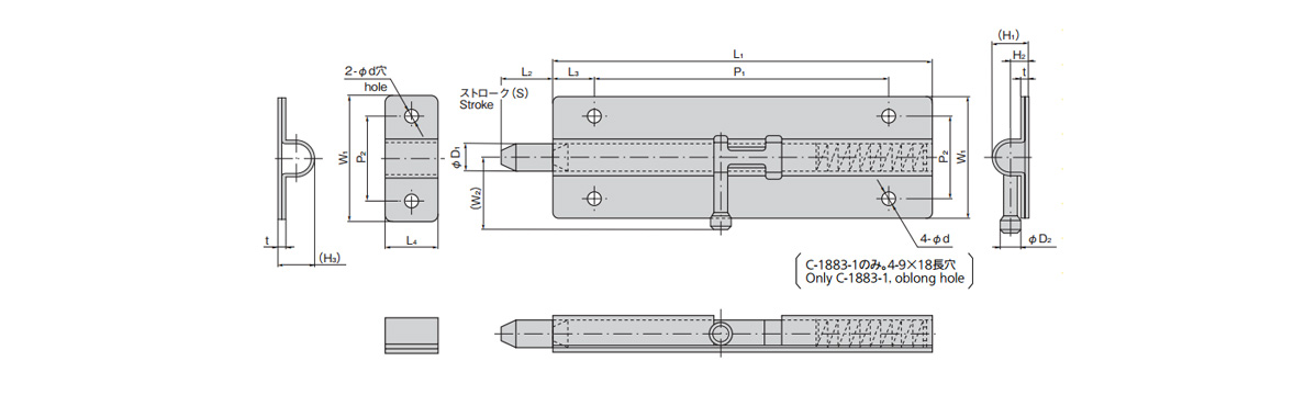 Round Slide Bolt dimensional drawing